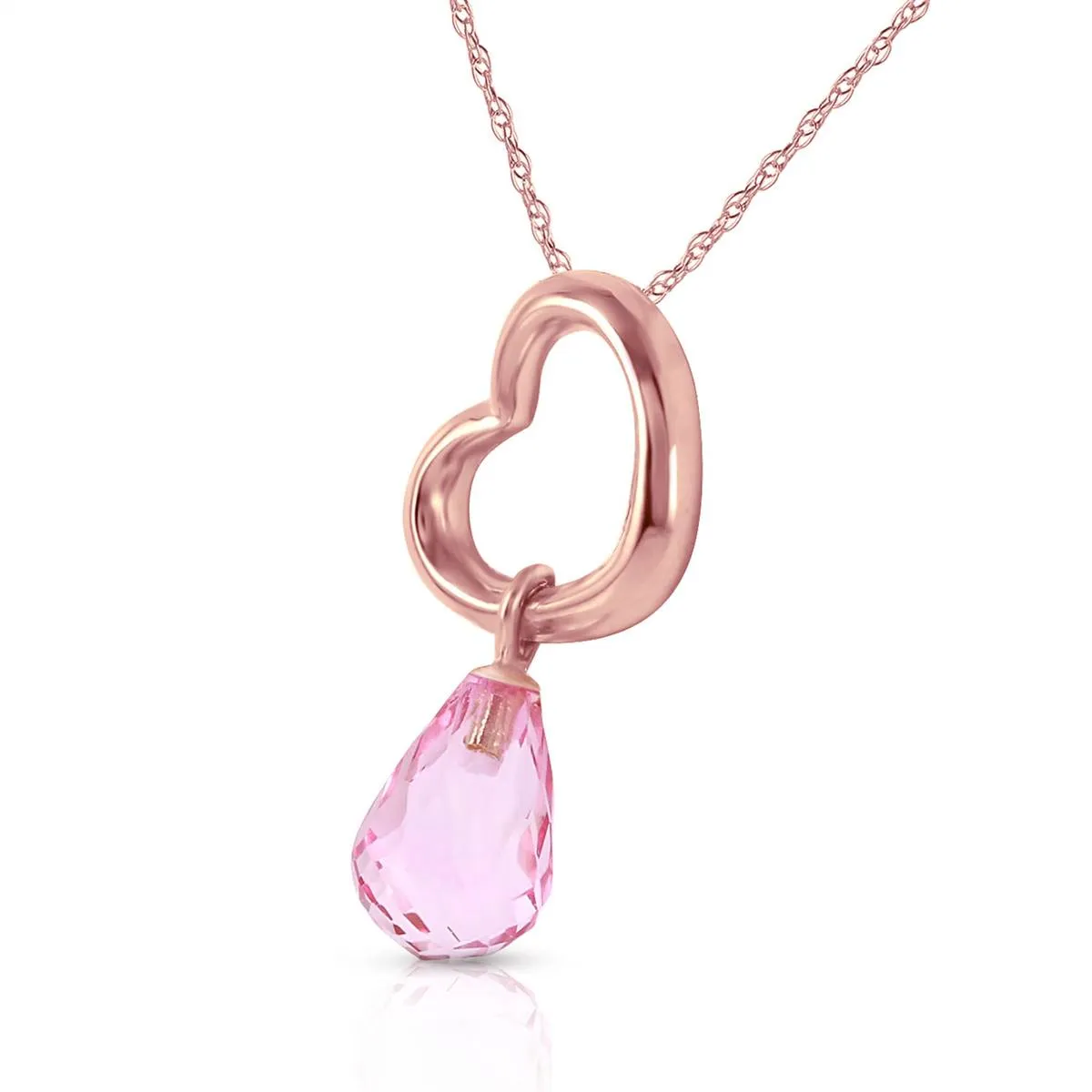 14K Solid Rose Gold Heart Necklace w/ Dangling Natural Pink Topaz