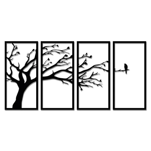 Amazon Brand - Solimo Pre-Laminated Pine Wood Bird on a Tree in Wall Art | Laser Cut Precision | For Home Décor | For Gifting (Set of 4)