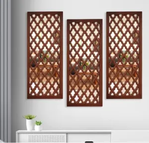 ANTIQUE DECORS Rectangular Decorative Hand Crafted Wooden Wall Mount Mirror Panel for Living Room | Modern Wall Panels | Wall Décor, 30 x 12 inch, Brown (Large, 3)