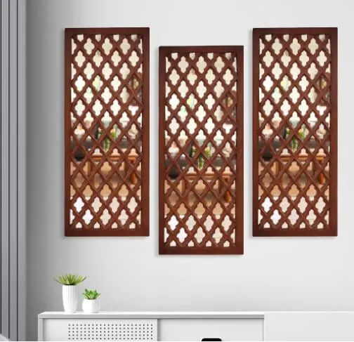 ANTIQUE DECORS Rectangular Decorative Hand Crafted Wooden Wall Mount Mirror Panel for Living Room | Modern Wall Panels | Wall Décor, 30 x 12 inch, Brown (Large, 3)