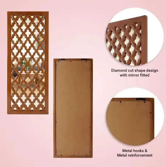 ANTIQUE DECORS Rectangular Decorative Hand Crafted Wooden Wall Mount Mirror Panel for Living Room | Modern Wall Panels | Wall Décor, 30 x 12 inch, Brown (Large, 3)
