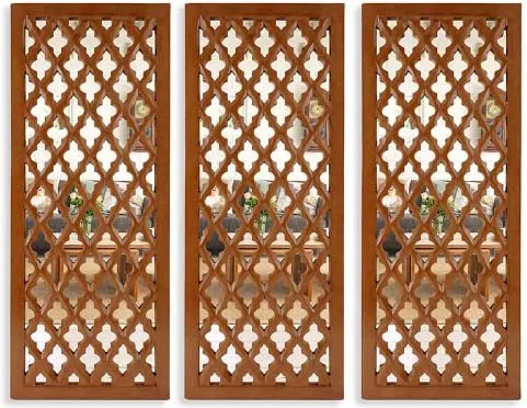 ANTIQUE DECORS Rectangular Decorative Hand Crafted Wooden Wall Mount Mirror Panel for Living Room | Modern Wall Panels | Wall Décor, 30 x 12 inch, Brown (Large, 3)