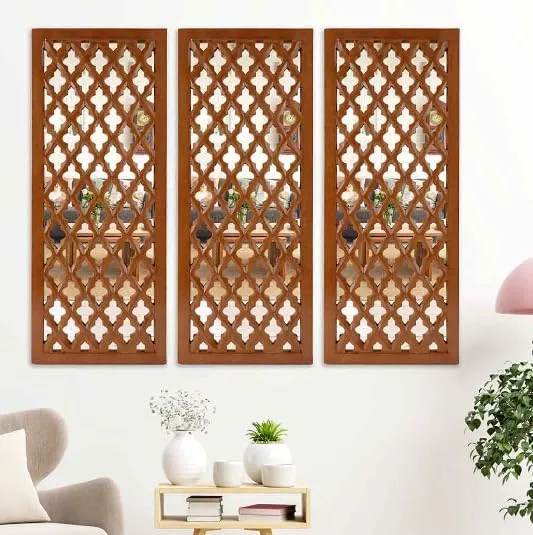 ANTIQUE DECORS Rectangular Decorative Hand Crafted Wooden Wall Mount Mirror Panel for Living Room | Modern Wall Panels | Wall Décor, 30 x 12 inch, Brown (Large, 3)