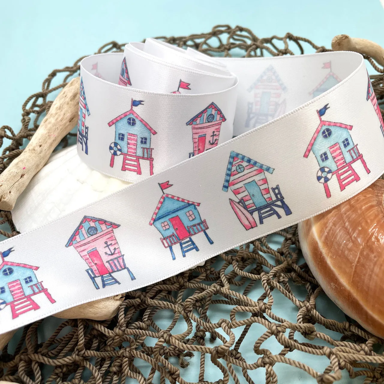 Beach shack ribbon in red white and blue for Fourth of July  printed on 1.5" white satin