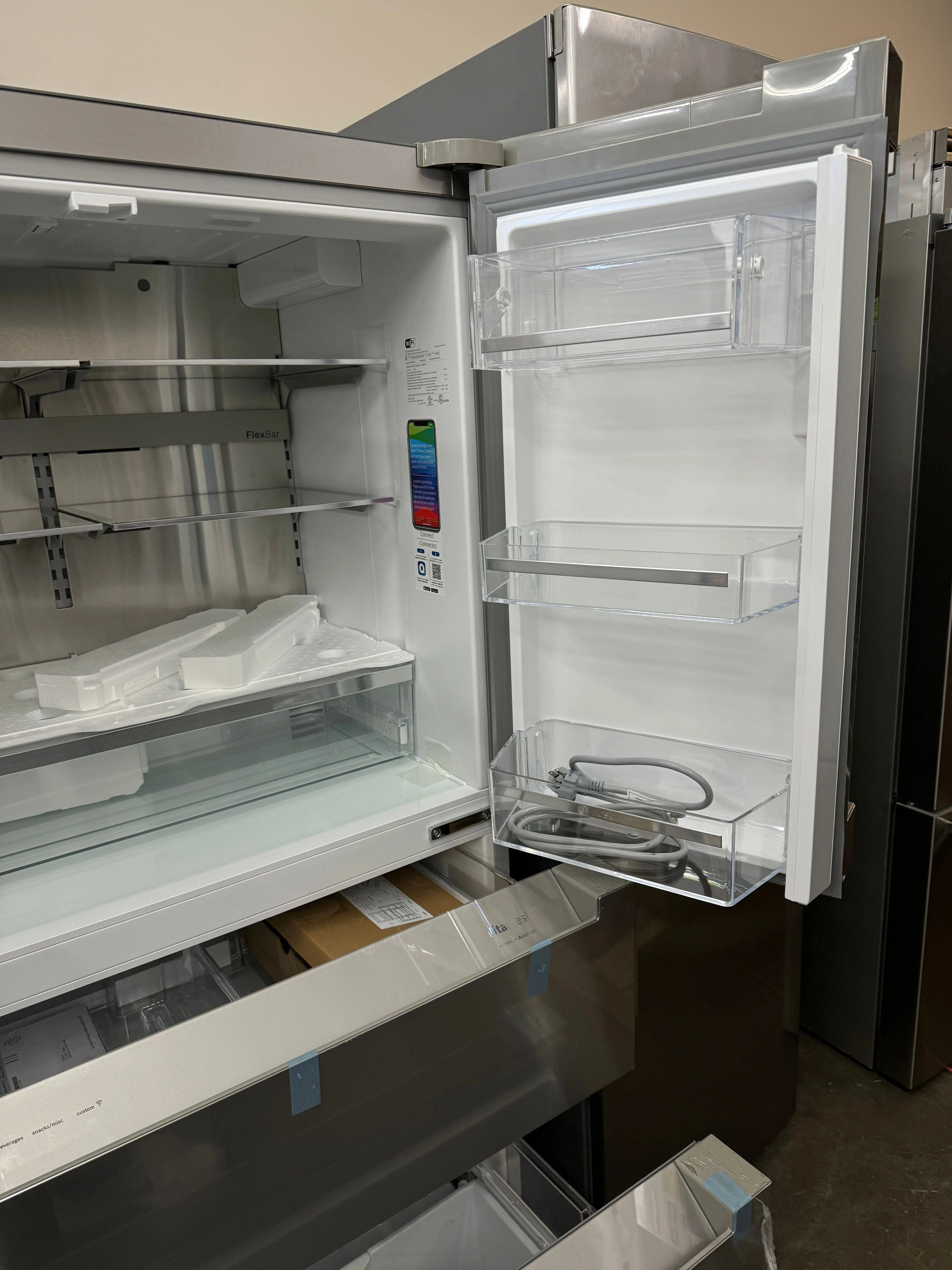 Bosch 800 Series B36CL80ENS 36 Inch Counter Depth French Door Smart Refrigerator with 20.5 Cu. Ft. Capacity, Home Connect, Dual Freezer Drawers, Ice Maker, Touch Control Panel, and Humidity-Controlled Drawers: Integrated Recessed Handle