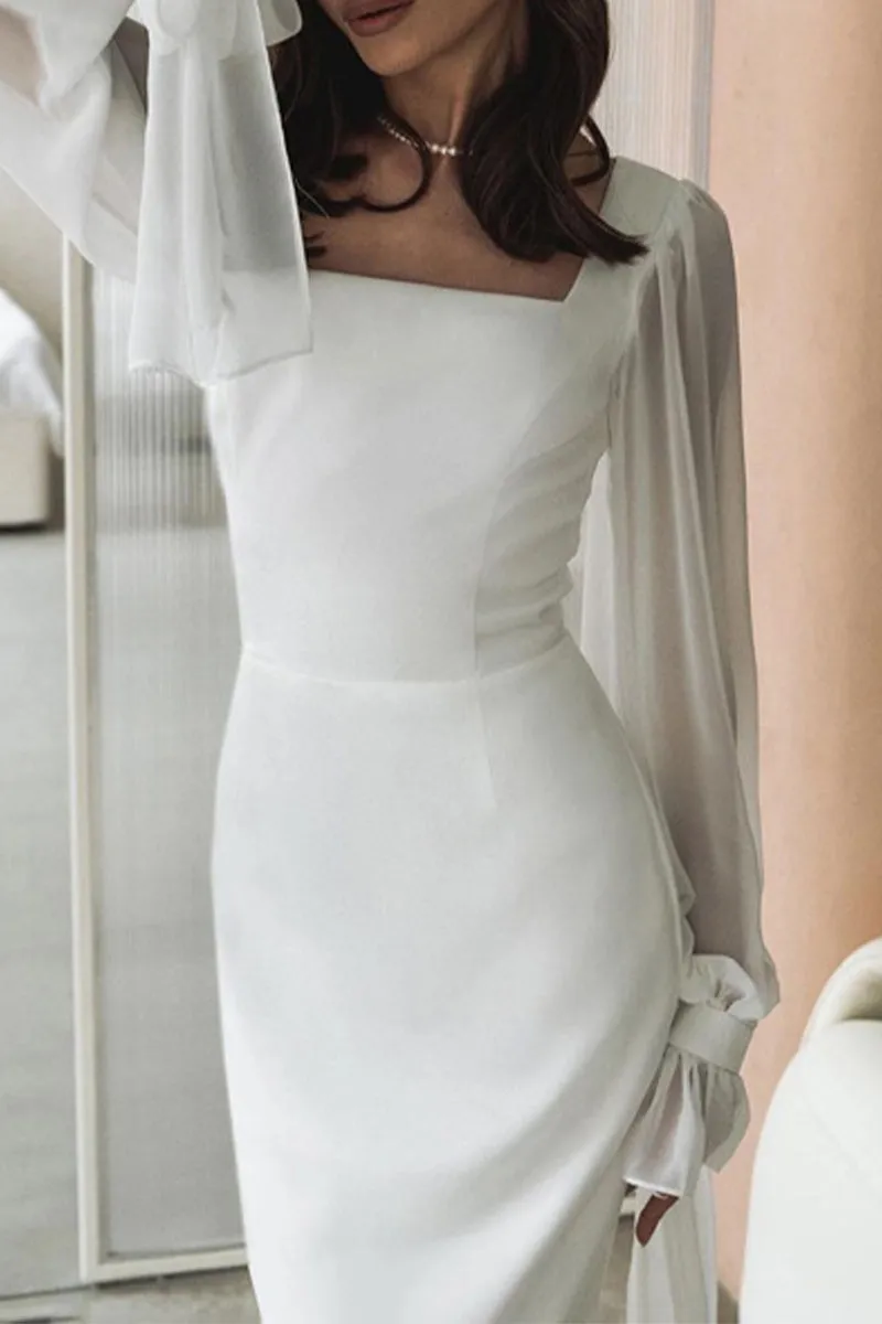 Elegant Square Collar A-Line Dress with Solid Frenulum - Celebrities Favorite