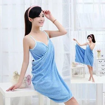 Changeable Soft Shoulder Straps Lady Girls Wearable Bath Towel Beach Cloth Beach Spa Bathrobes Bath Skirt-blue