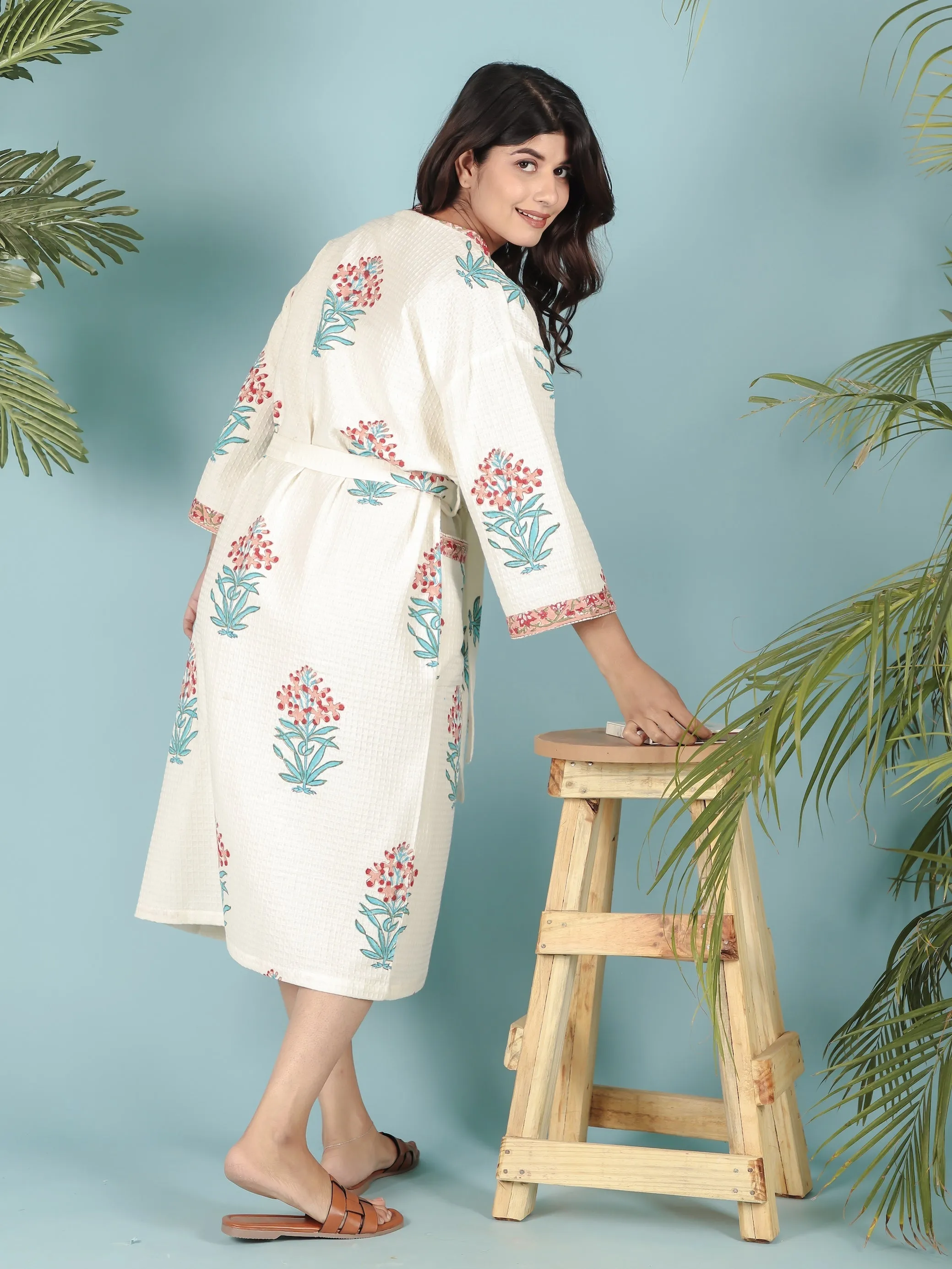 Cream & Red Floral Printed Unisex Bathrobe