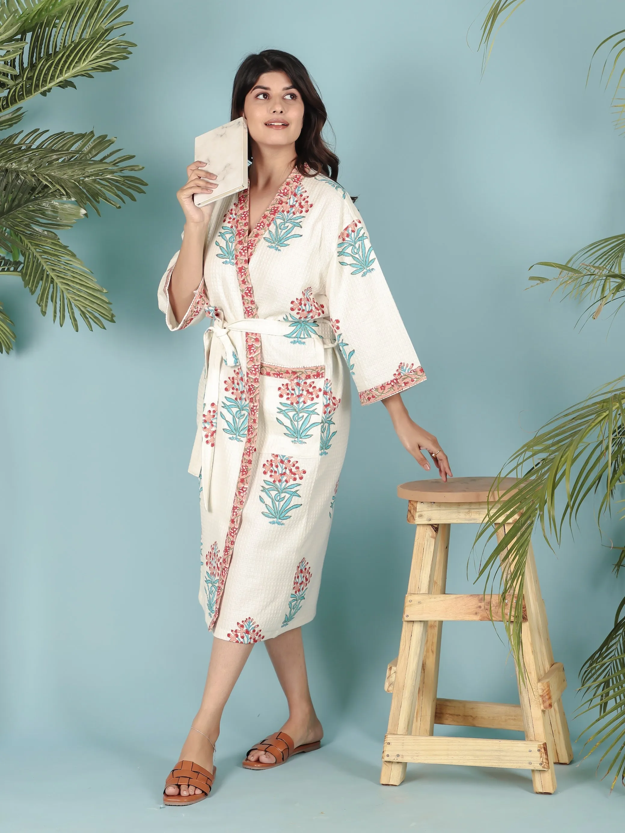 Cream & Red Floral Printed Unisex Bathrobe