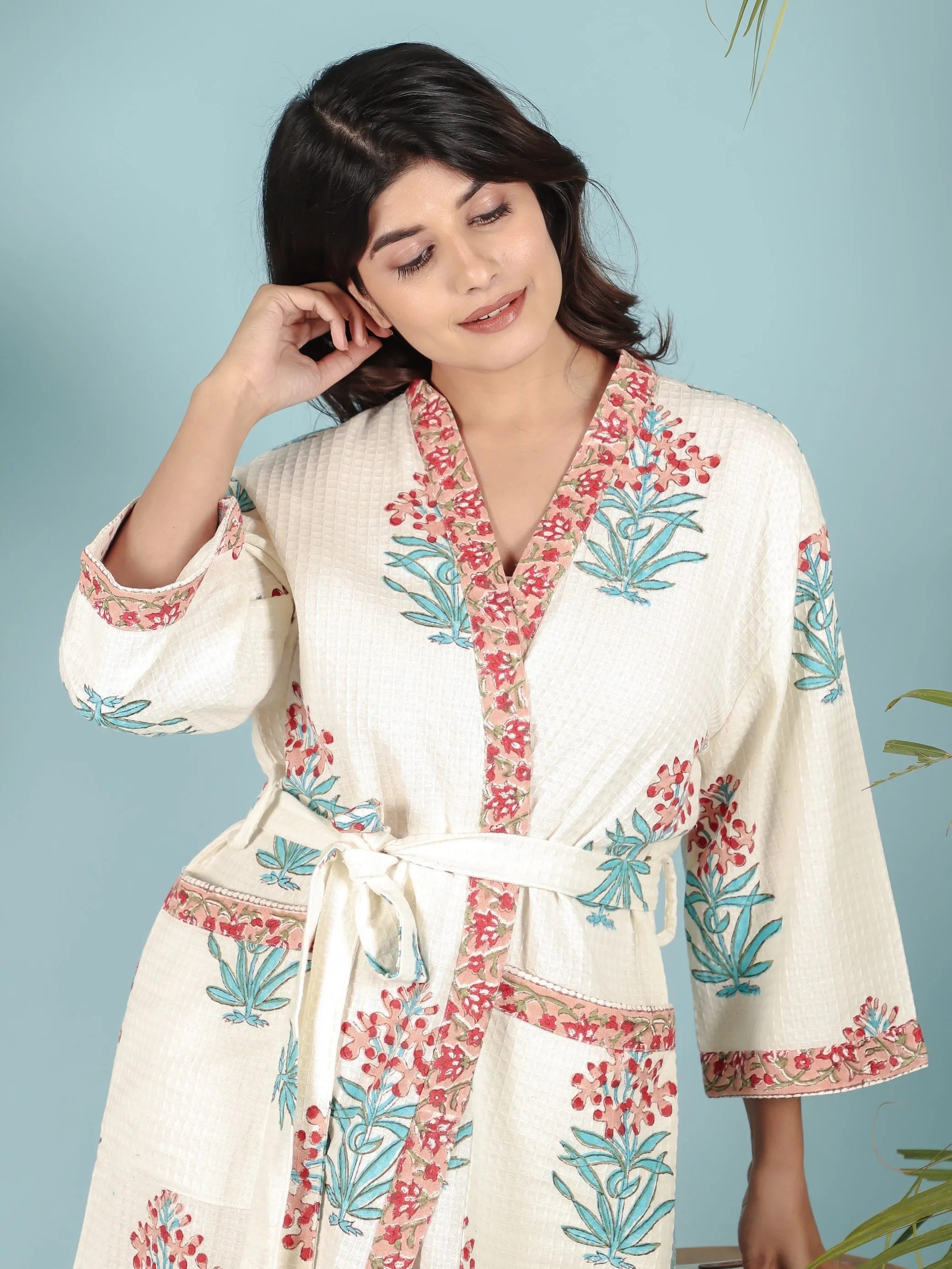 Cream & Red Floral Printed Unisex Bathrobe