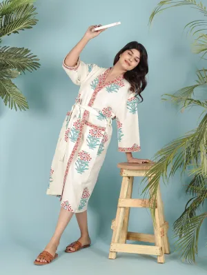 Cream & Red Floral Printed Unisex Bathrobe