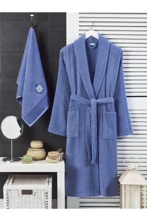 Elmira Textile Women's Navy Blue Elmira Shalyaka Cotton Towel Bathroom Bathrobe