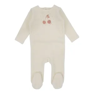 footie cherry graphic velour - ivory/apricot