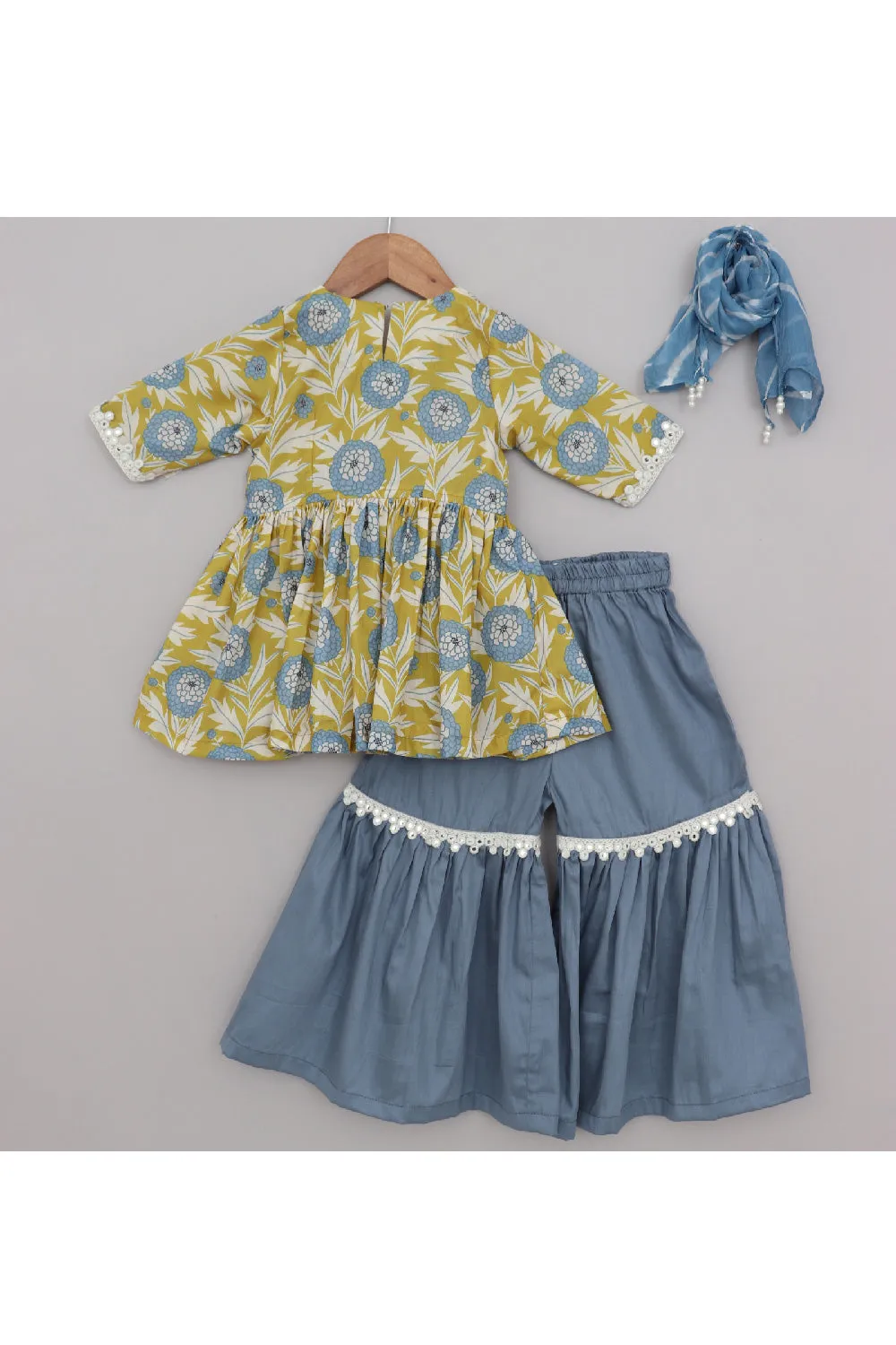 Green And Grey Floral Printed Peplum Style Top With Sharara Set
