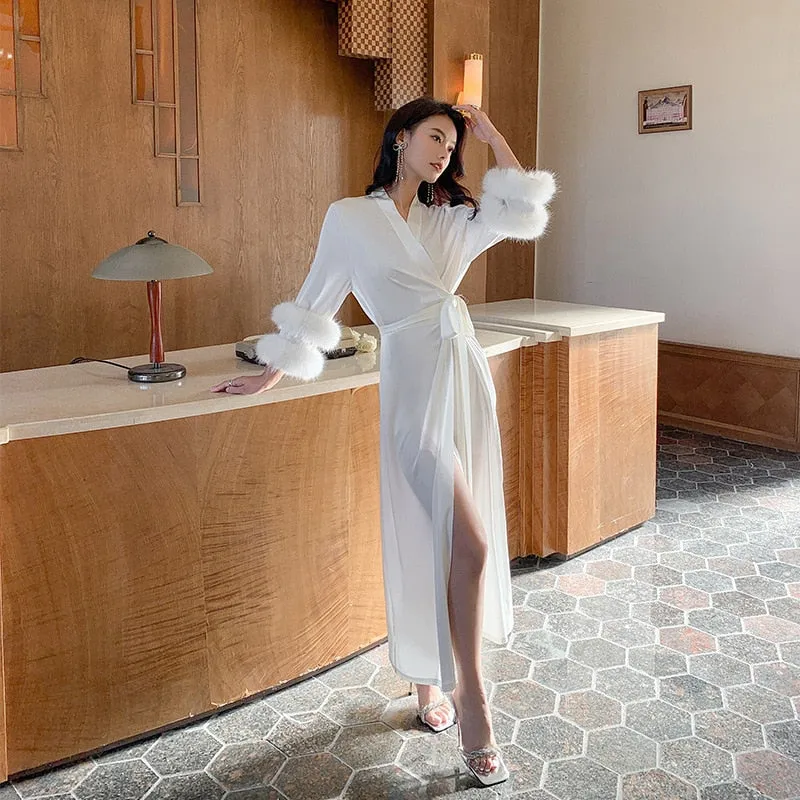 High Quality Women's Pajamas Long Robe Double Feather Cuffs Sleepwear Satin Luxury Bathrobe Elegant Lady Homewear Femme