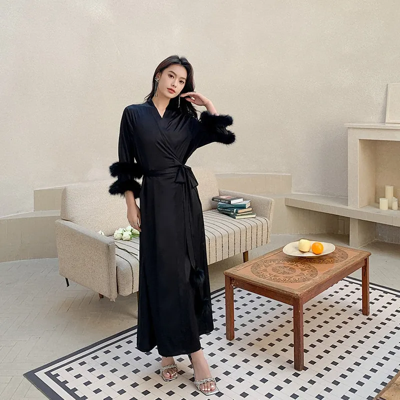 High Quality Women's Pajamas Long Robe Double Feather Cuffs Sleepwear Satin Luxury Bathrobe Elegant Lady Homewear Femme