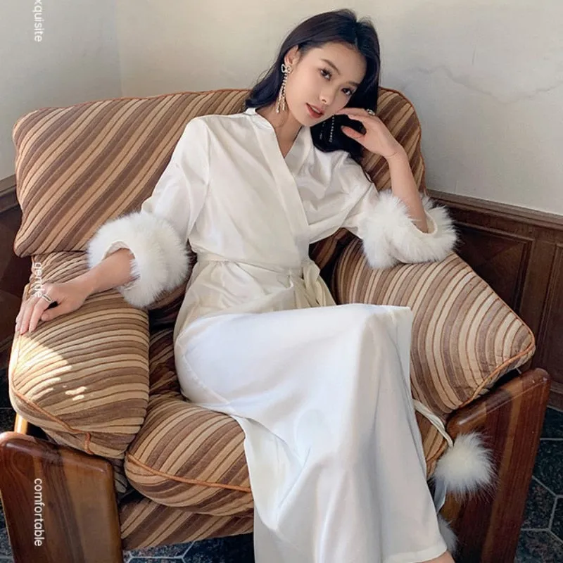 High Quality Women's Pajamas Long Robe Double Feather Cuffs Sleepwear Satin Luxury Bathrobe Elegant Lady Homewear Femme