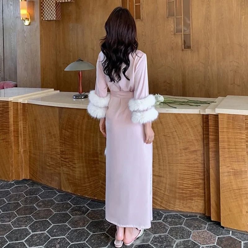 High Quality Women's Pajamas Long Robe Double Feather Cuffs Sleepwear Satin Luxury Bathrobe Elegant Lady Homewear Femme