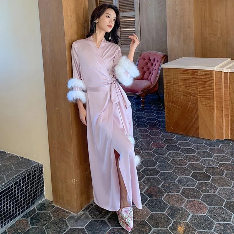 High Quality Women's Pajamas Long Robe Double Feather Cuffs Sleepwear Satin Luxury Bathrobe Elegant Lady Homewear Femme