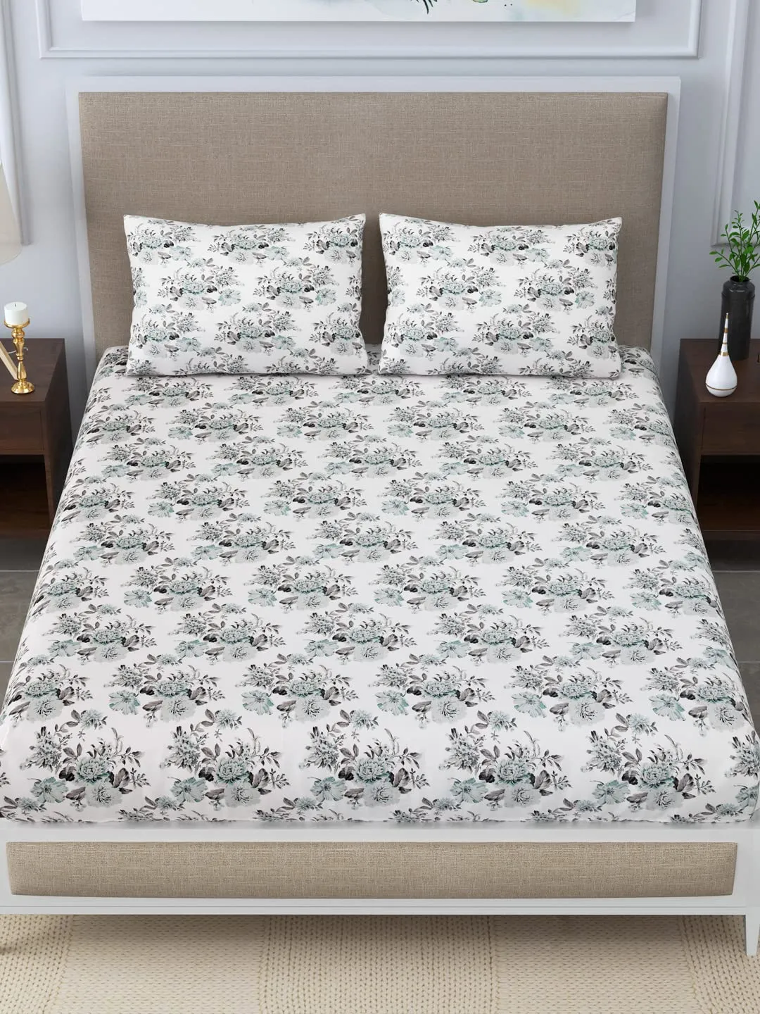 LINENWALAS 300 Thread Count Bedsheet Set,Softest Long Staple 100% Cotton Ultra Soft Bedsheet with Pillowcases - King,Shabby Sage Floral