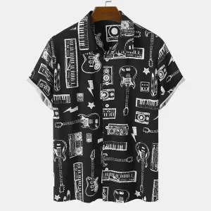 Mens Musical hawaiian shirt,  Instrument Print Button Front Short Sleeve Black Shirts