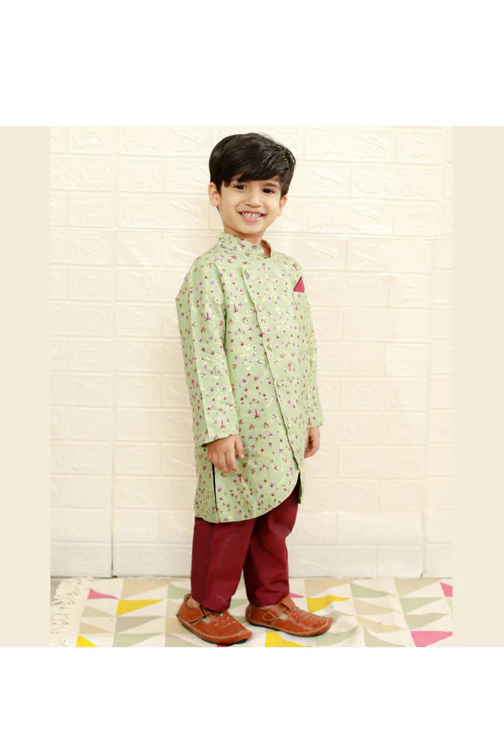 Pastel Green Floral Printed Asymmetrical Kurta With Pyjama Set
