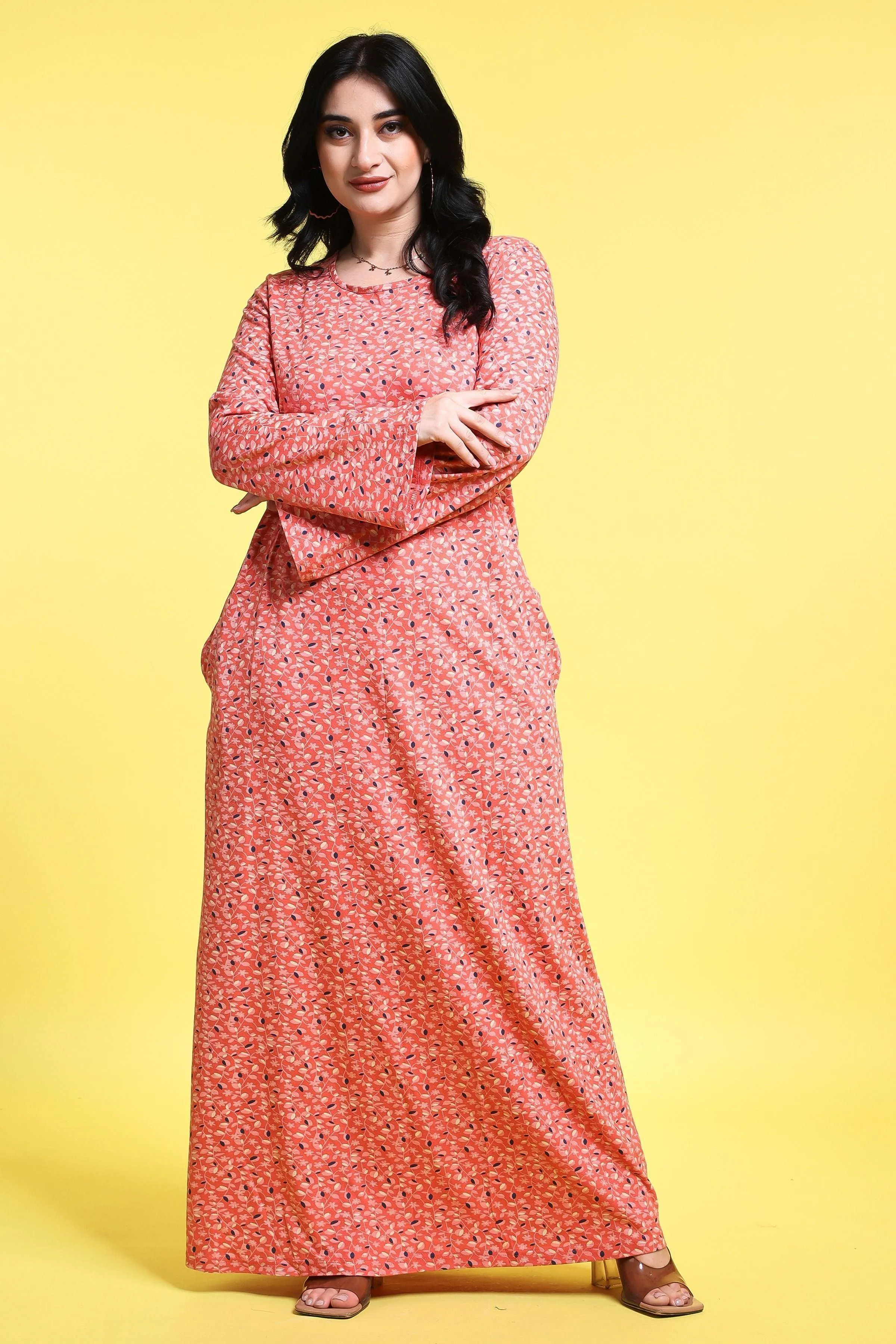 Peach Floral Printed Night Dress