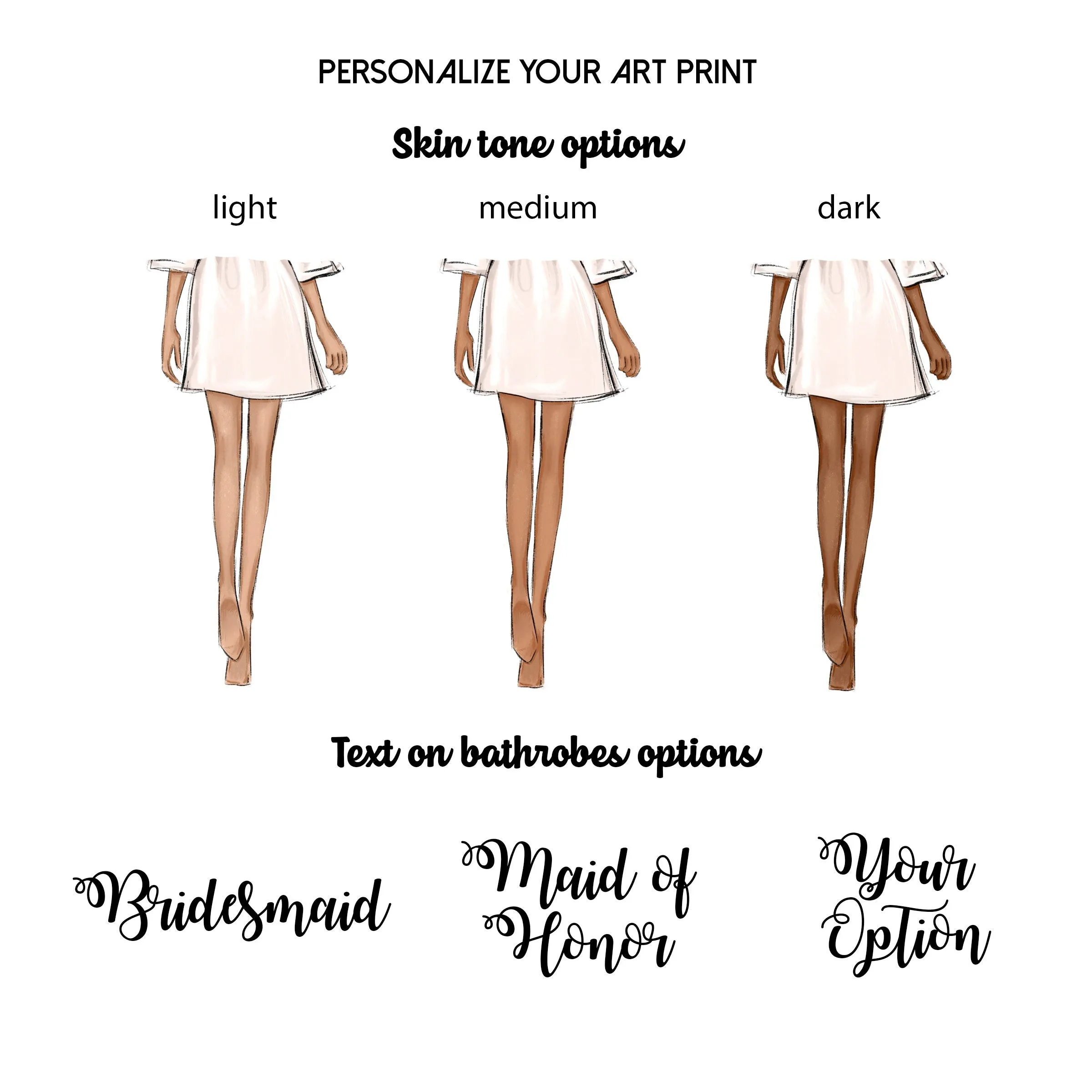 Personalized bride and bridesmaids in black robes art print