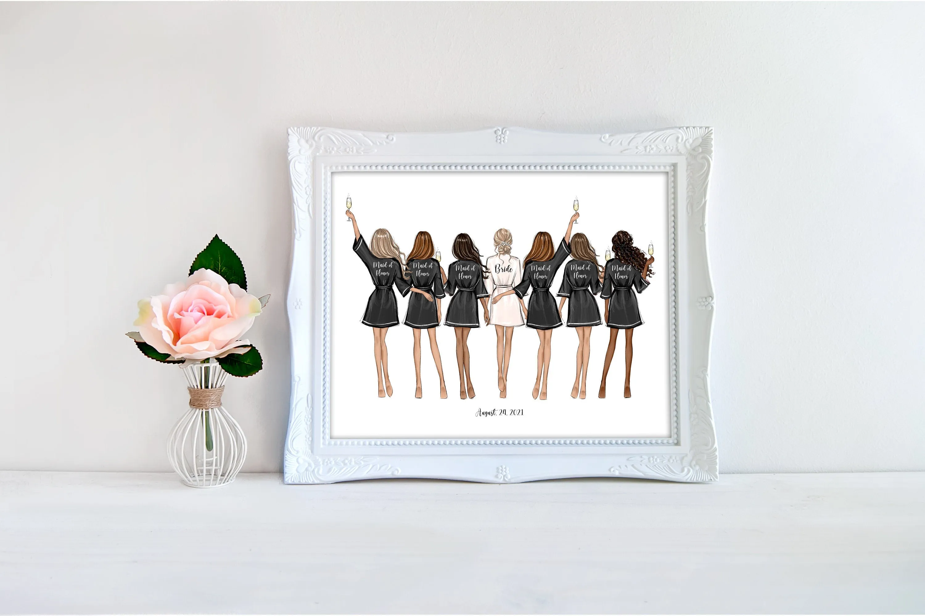 Personalized bride and bridesmaids in black robes art print