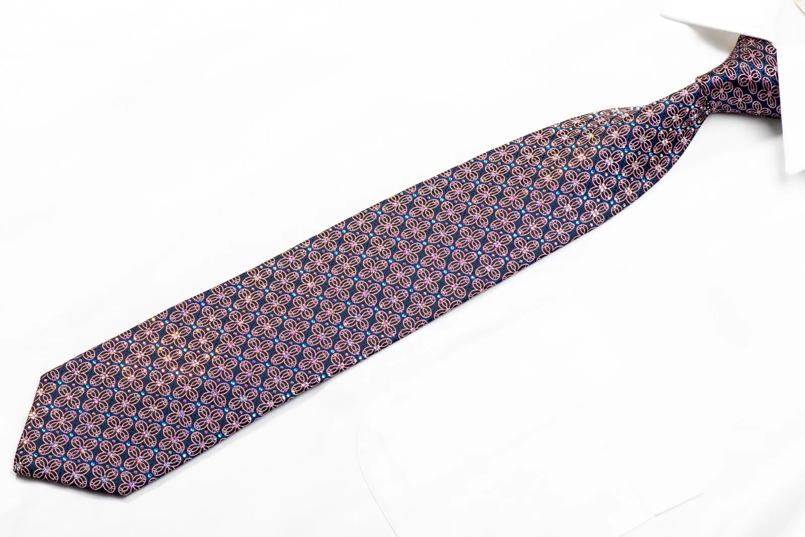 Elegant Black Renoma Silk Necktie with Pink Geometric Designs and Rhinestone Accents
