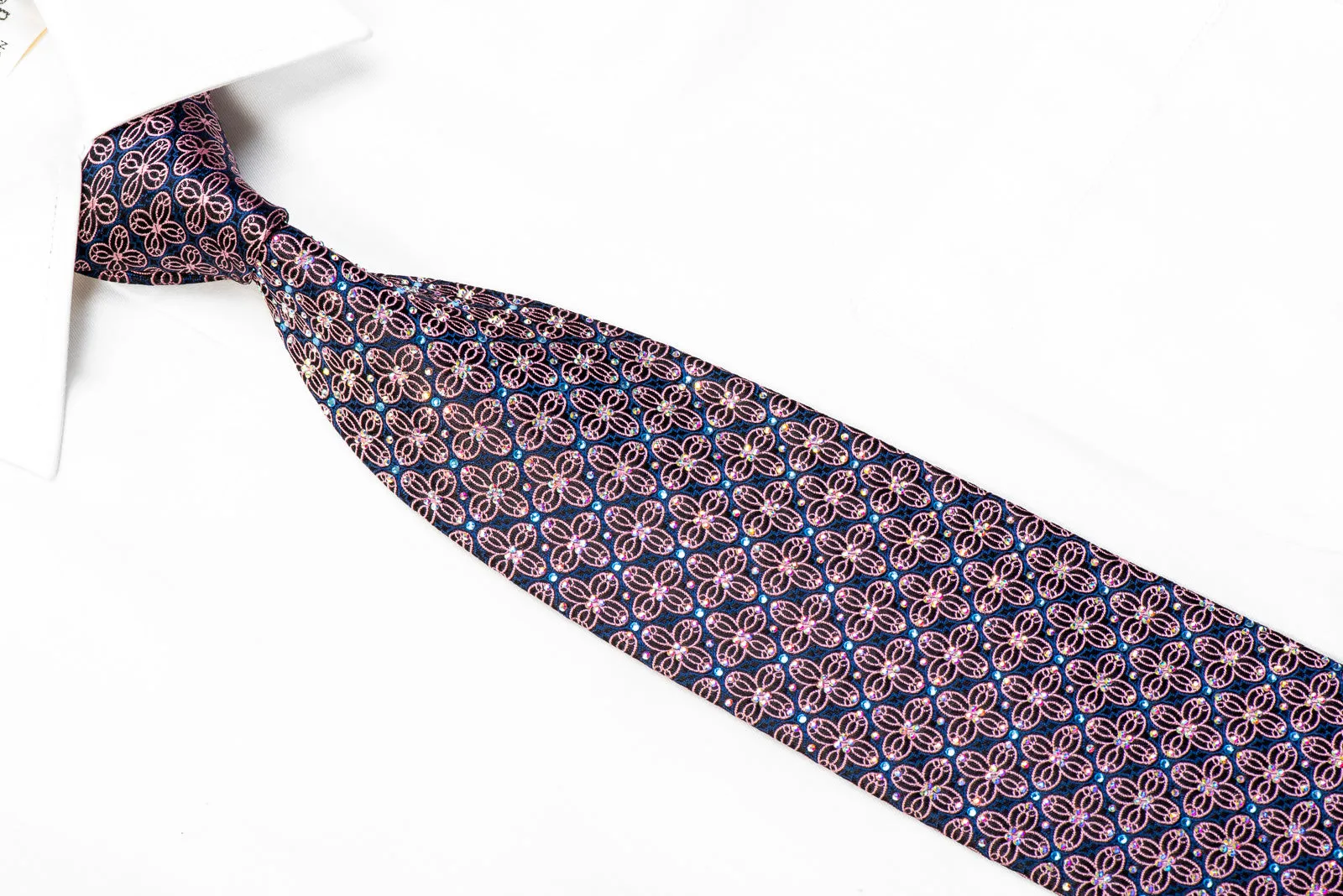 Elegant Black Renoma Silk Necktie with Pink Geometric Designs and Rhinestone Accents