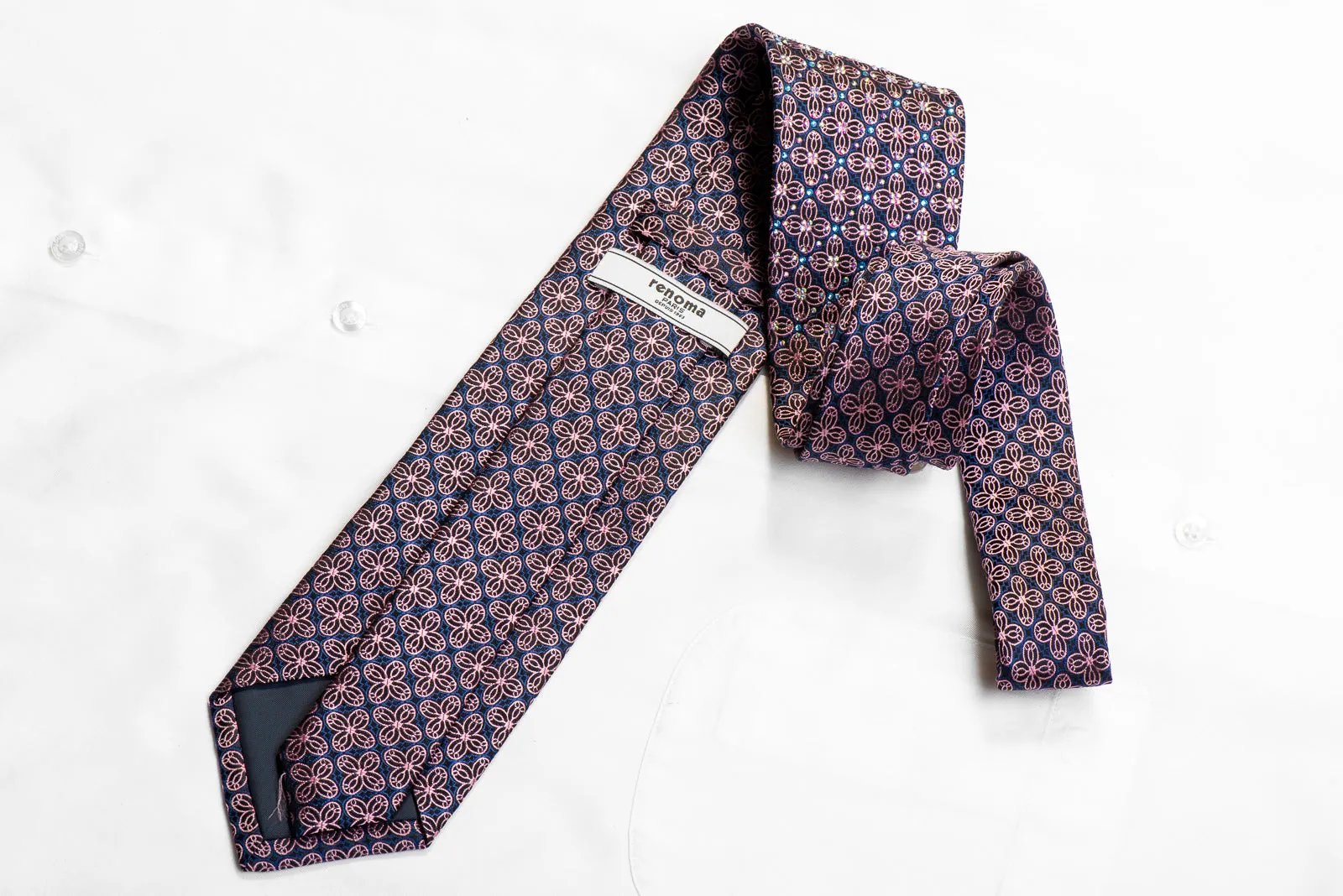 Elegant Black Renoma Silk Necktie with Pink Geometric Designs and Rhinestone Accents