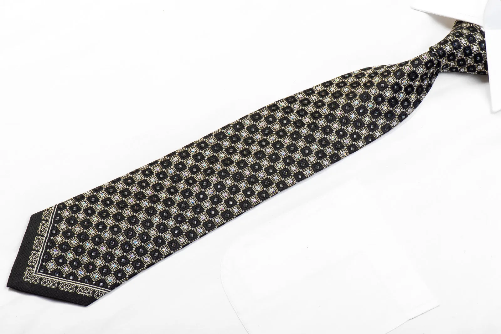 Roberta di Camerino Men's Silk Tie Silver Black Checkered With Silver Sparkles