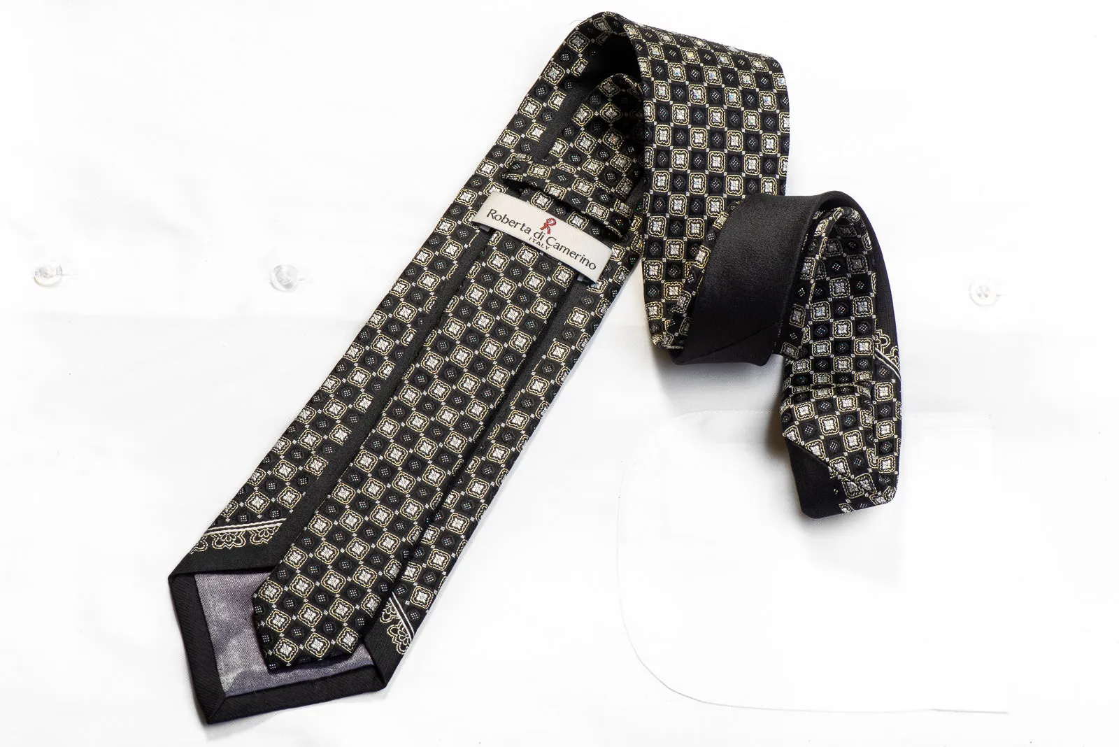 Roberta di Camerino Men's Silk Tie Silver Black Checkered With Silver Sparkles