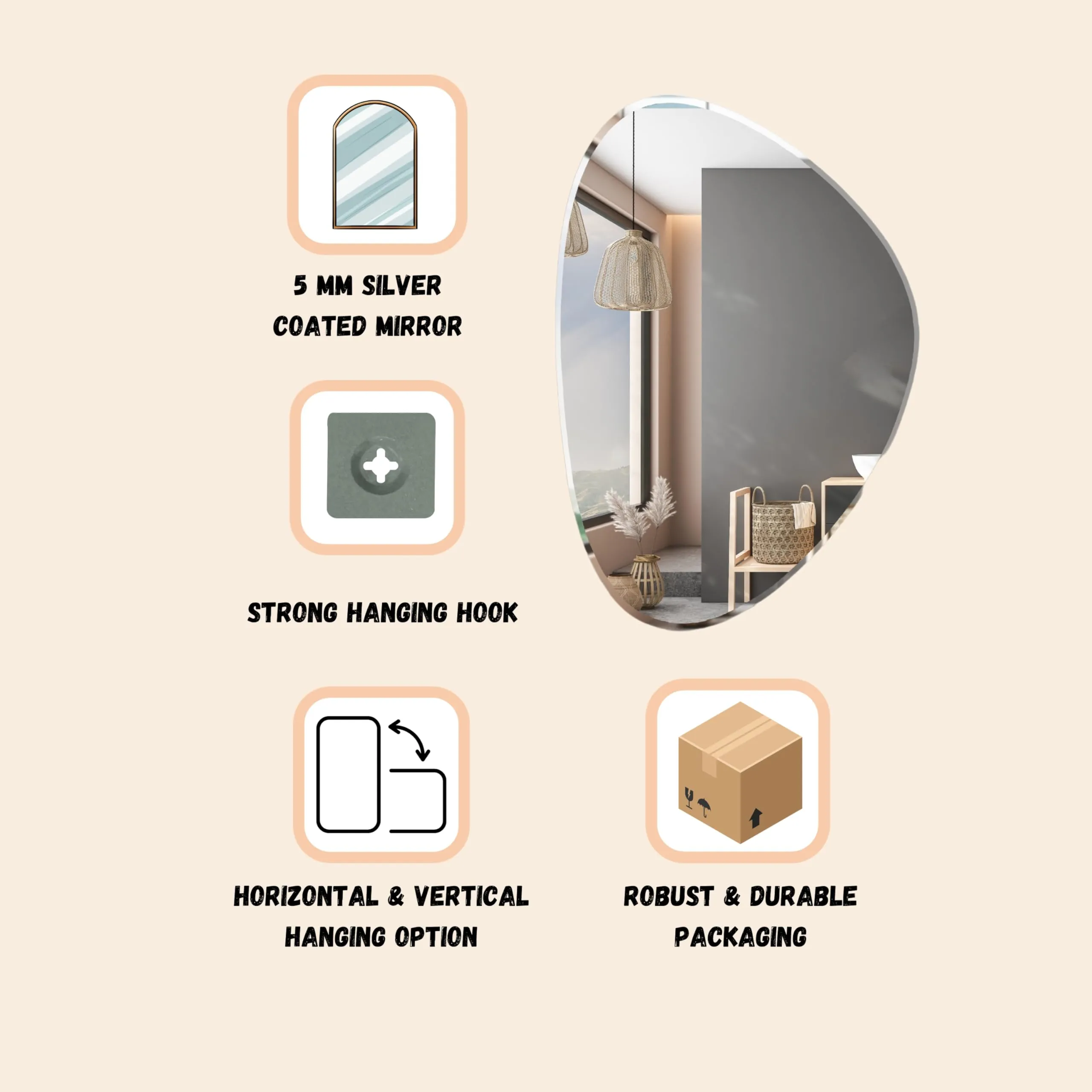 The Deqor Frameless Wall Mirror for Bathroom, Pebble Design Bathroom Mirror, Bedroom Mirror, Washbasin Mirror, Mirror for Room 15x21 Inch | BVM1521A5