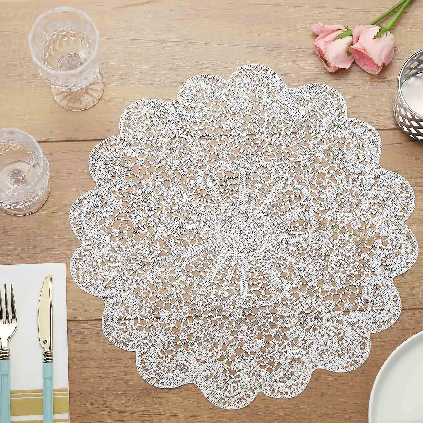 White Floral Classic Vinyl Placemats - 15 Inch Non-Slip Vinyl Dining Table Charger Farmhouse Home Decor (Set of 6)