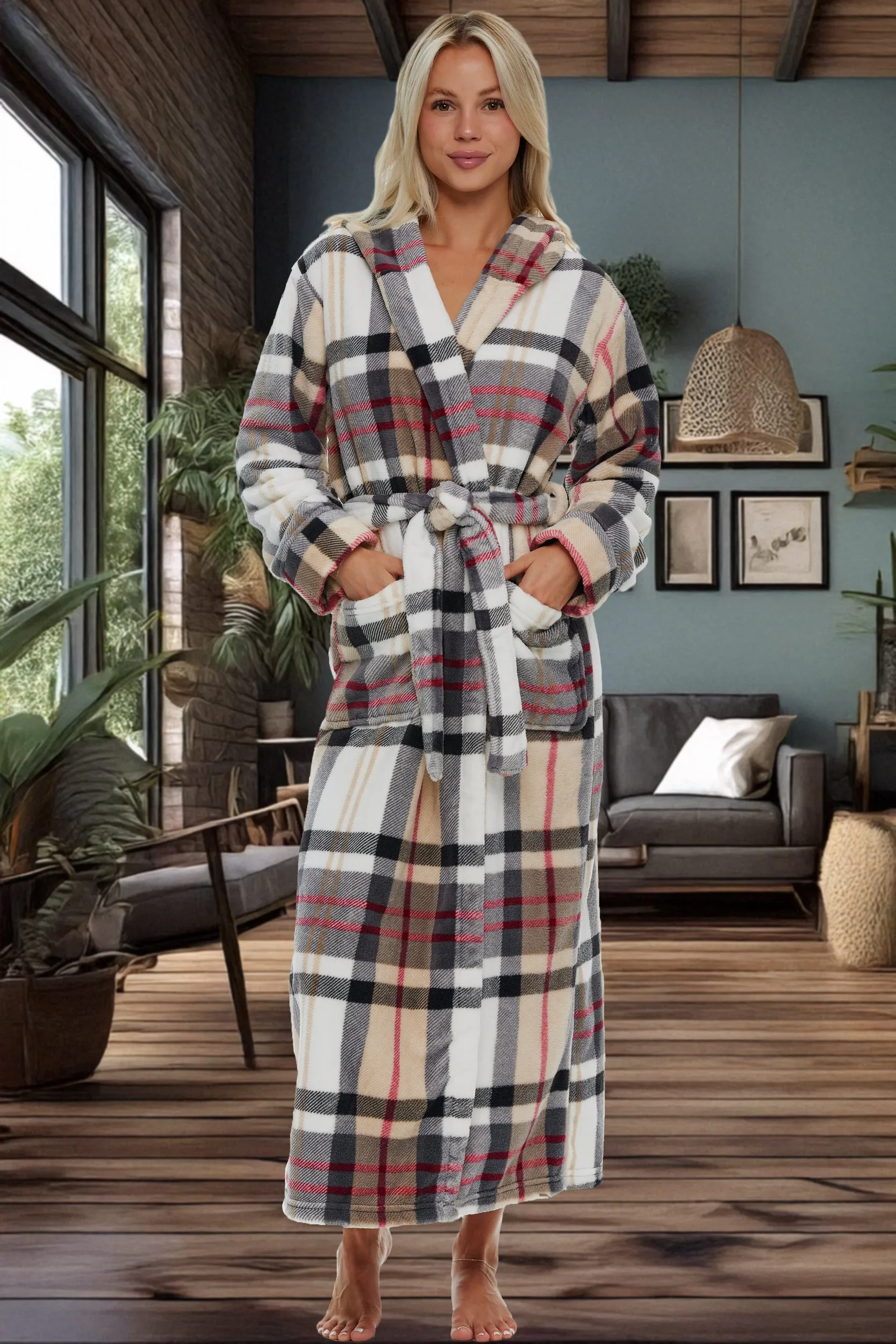 Women's Plush Fleece Hooded Bathrobe, Full Length Long Warm Lounge Robe with Hood