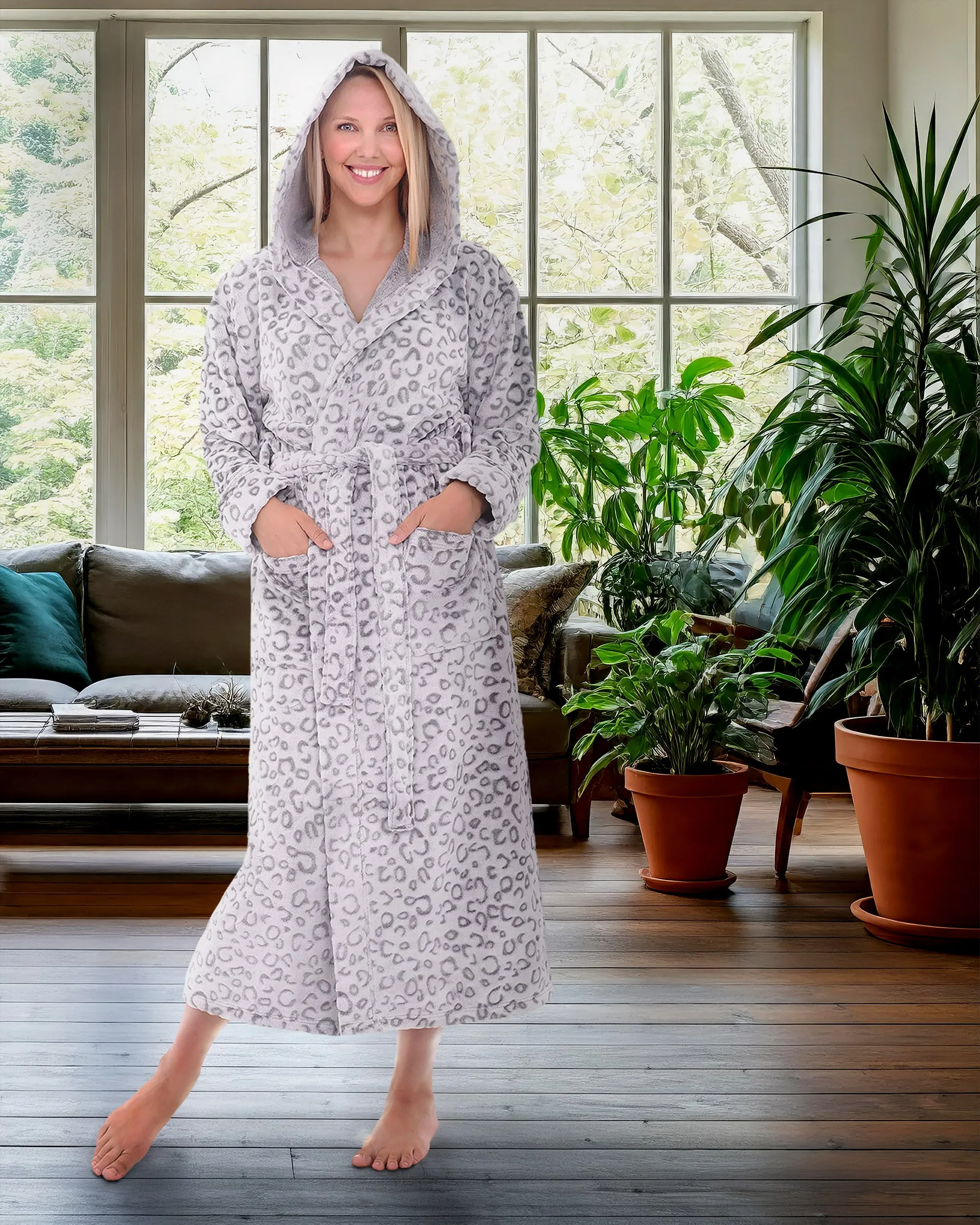 Women's Plush Fleece Hooded Bathrobe, Full Length Long Warm Lounge Robe with Hood