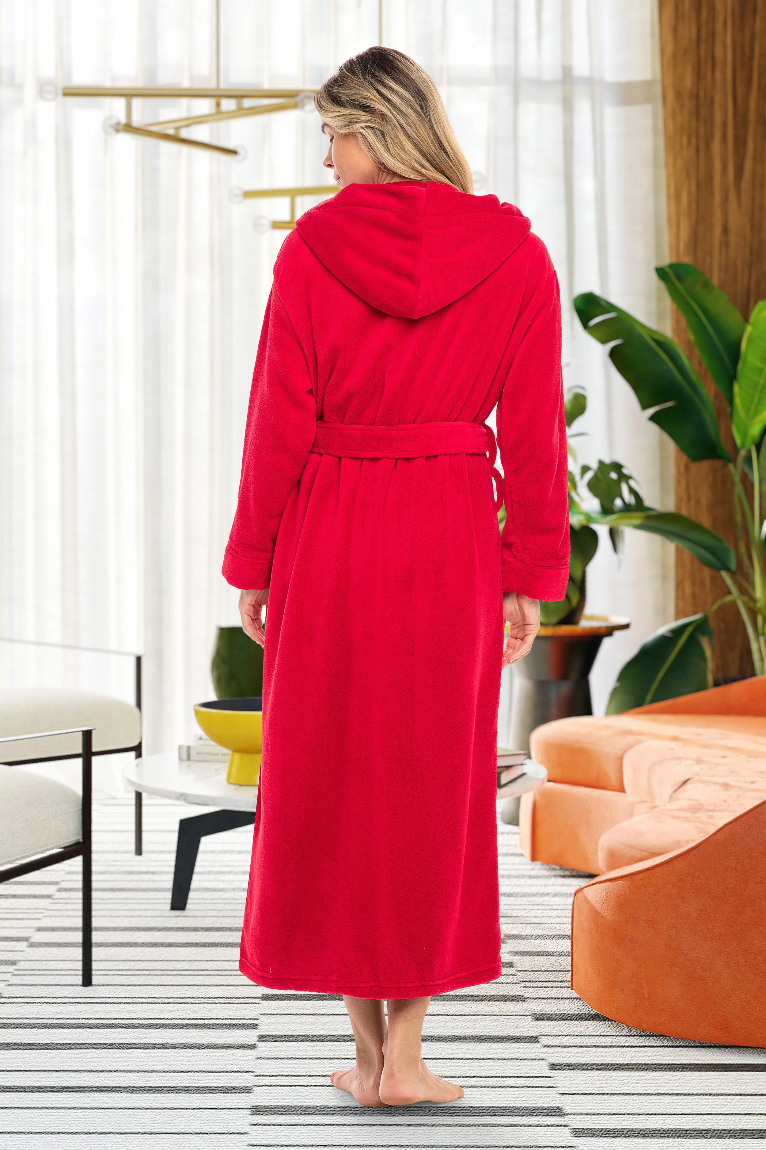 Women's Plush Fleece Hooded Bathrobe, Full Length Long Warm Lounge Robe with Hood