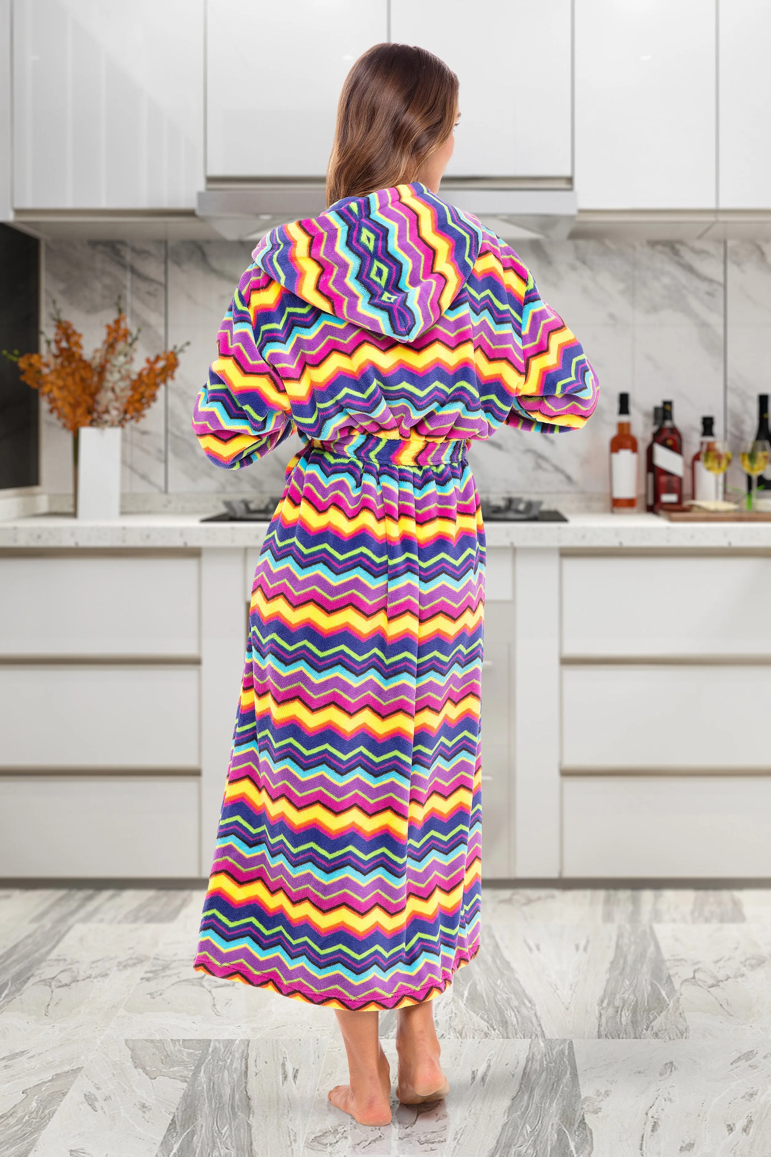 Women's Plush Fleece Hooded Bathrobe, Full Length Long Warm Lounge Robe with Hood