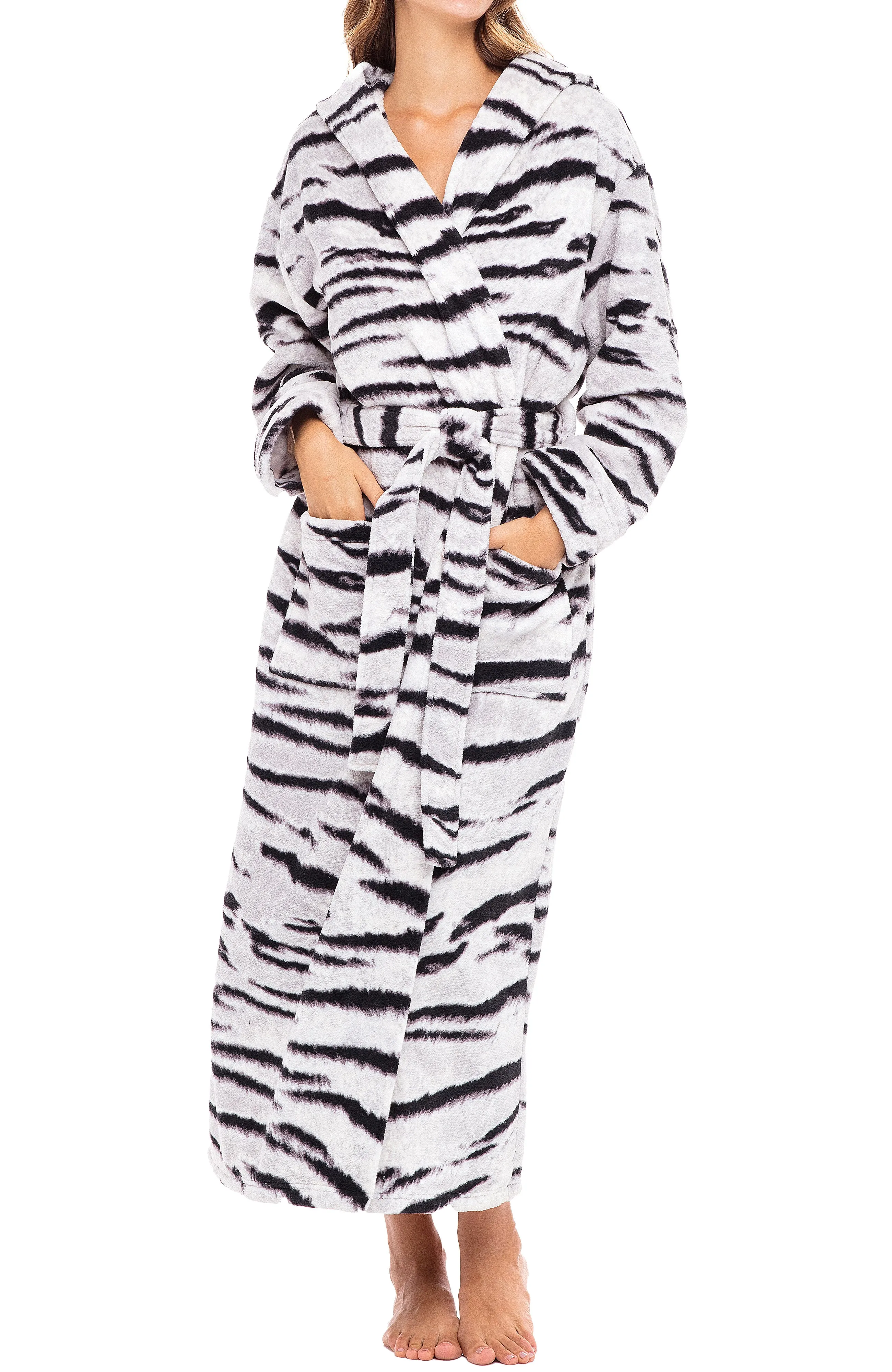 Women's Plush Fleece Hooded Bathrobe, Full Length Long Warm Lounge Robe with Hood