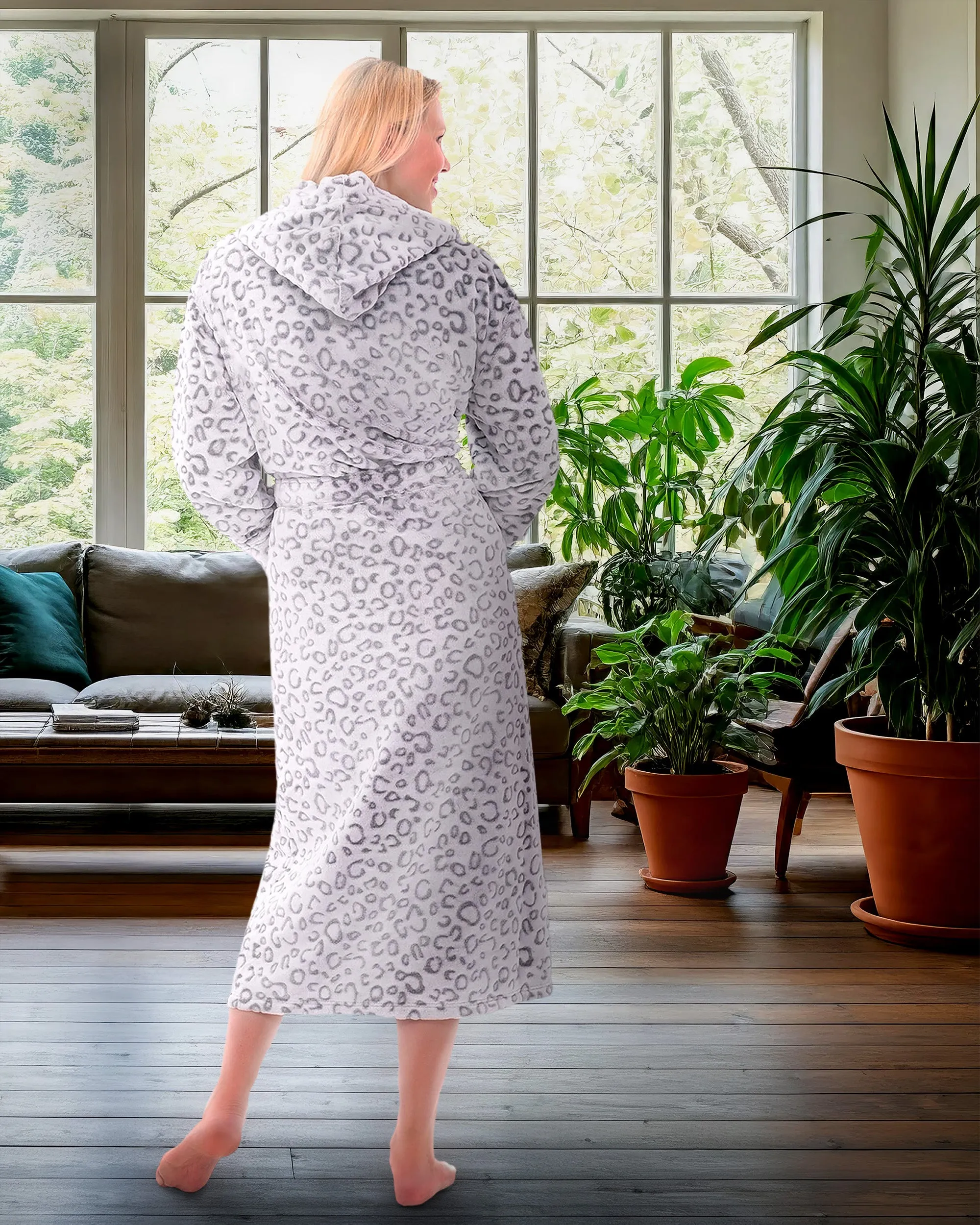 Women's Plush Fleece Hooded Bathrobe, Full Length Long Warm Lounge Robe with Hood