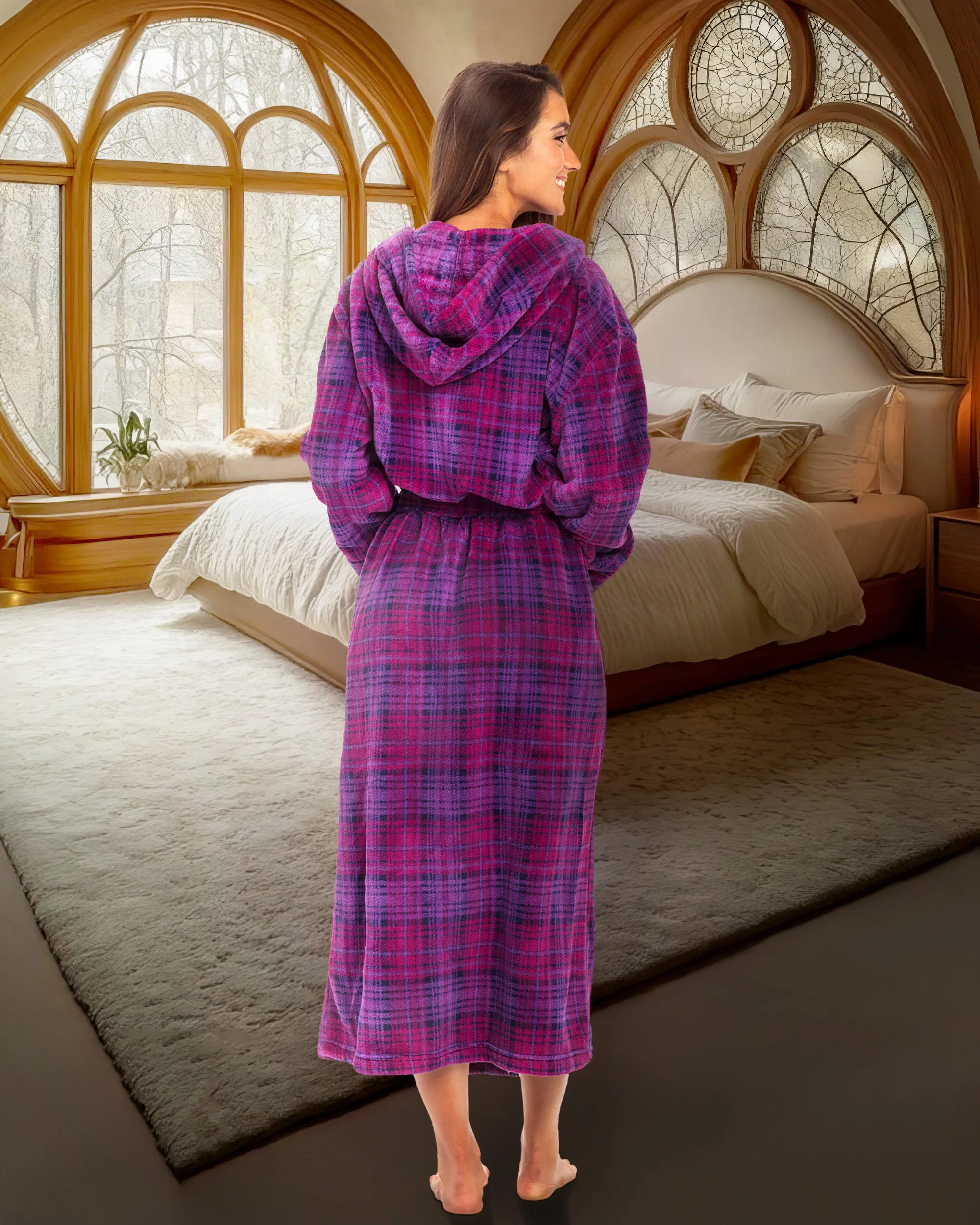 Women's Plush Fleece Hooded Bathrobe, Full Length Long Warm Lounge Robe with Hood