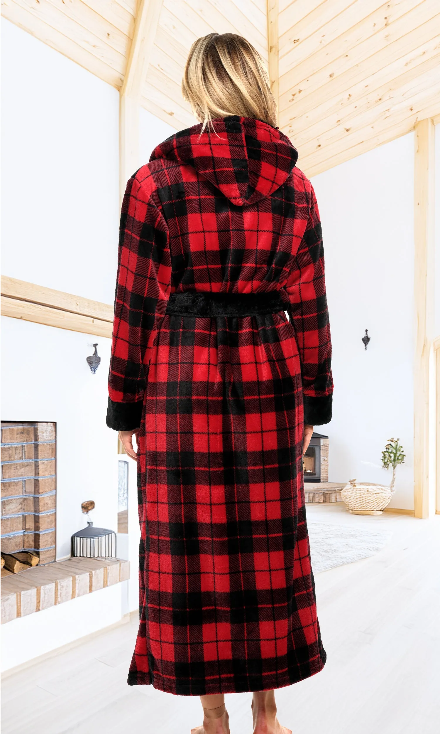 Women's Plush Fleece Hooded Bathrobe, Full Length Long Warm Lounge Robe with Hood