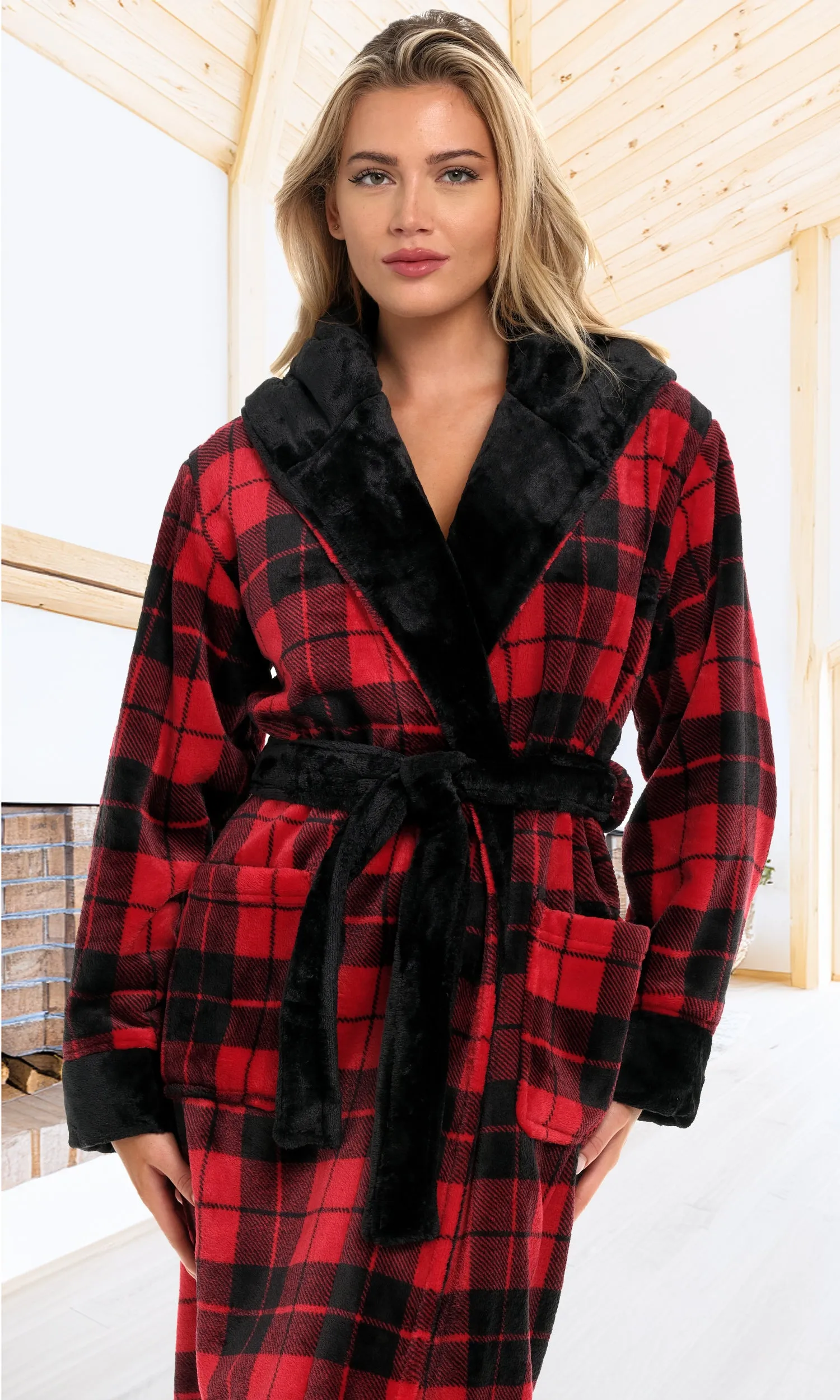 Women's Plush Fleece Hooded Bathrobe, Full Length Long Warm Lounge Robe with Hood