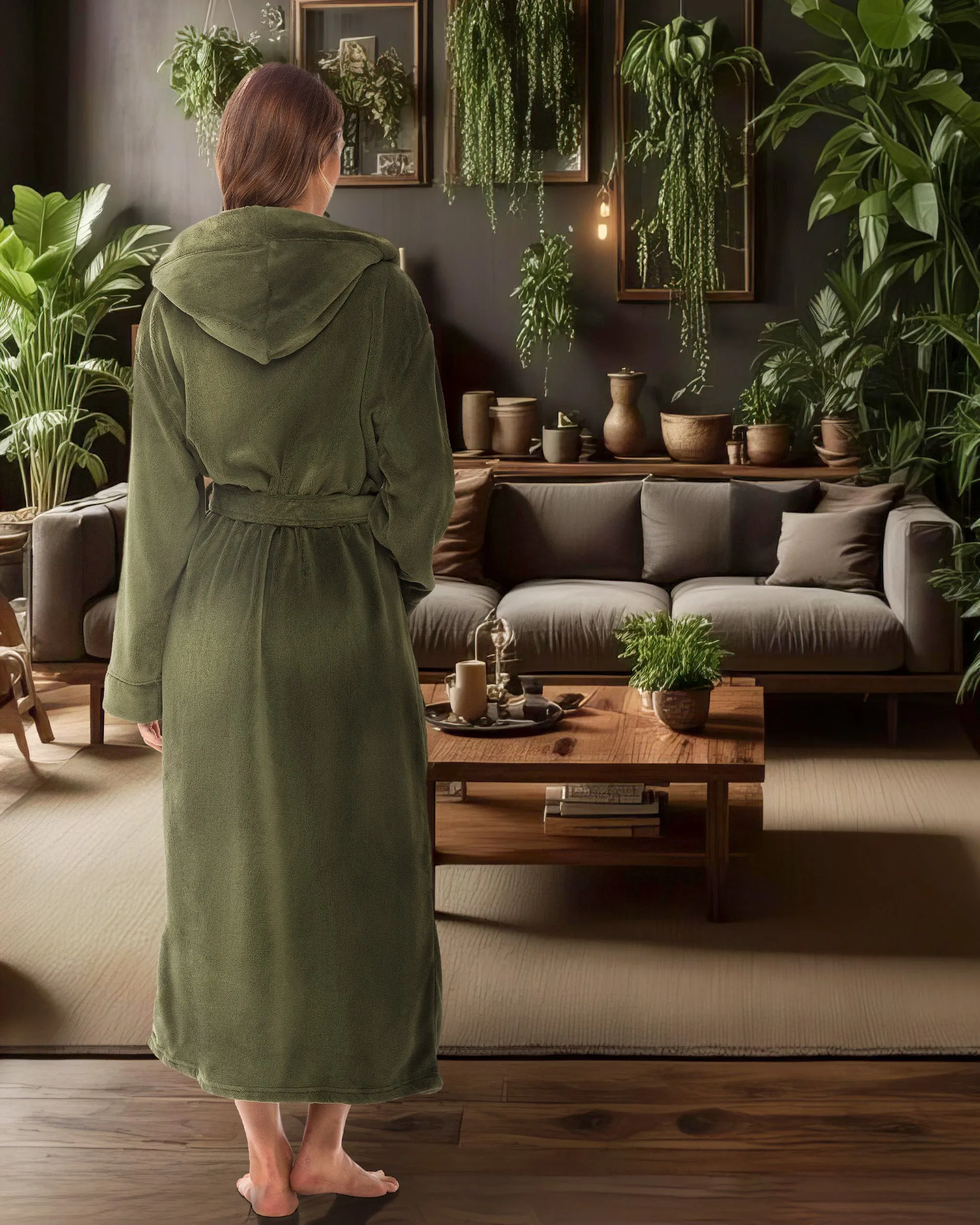 Women's Plush Fleece Hooded Bathrobe, Full Length Long Warm Lounge Robe with Hood
