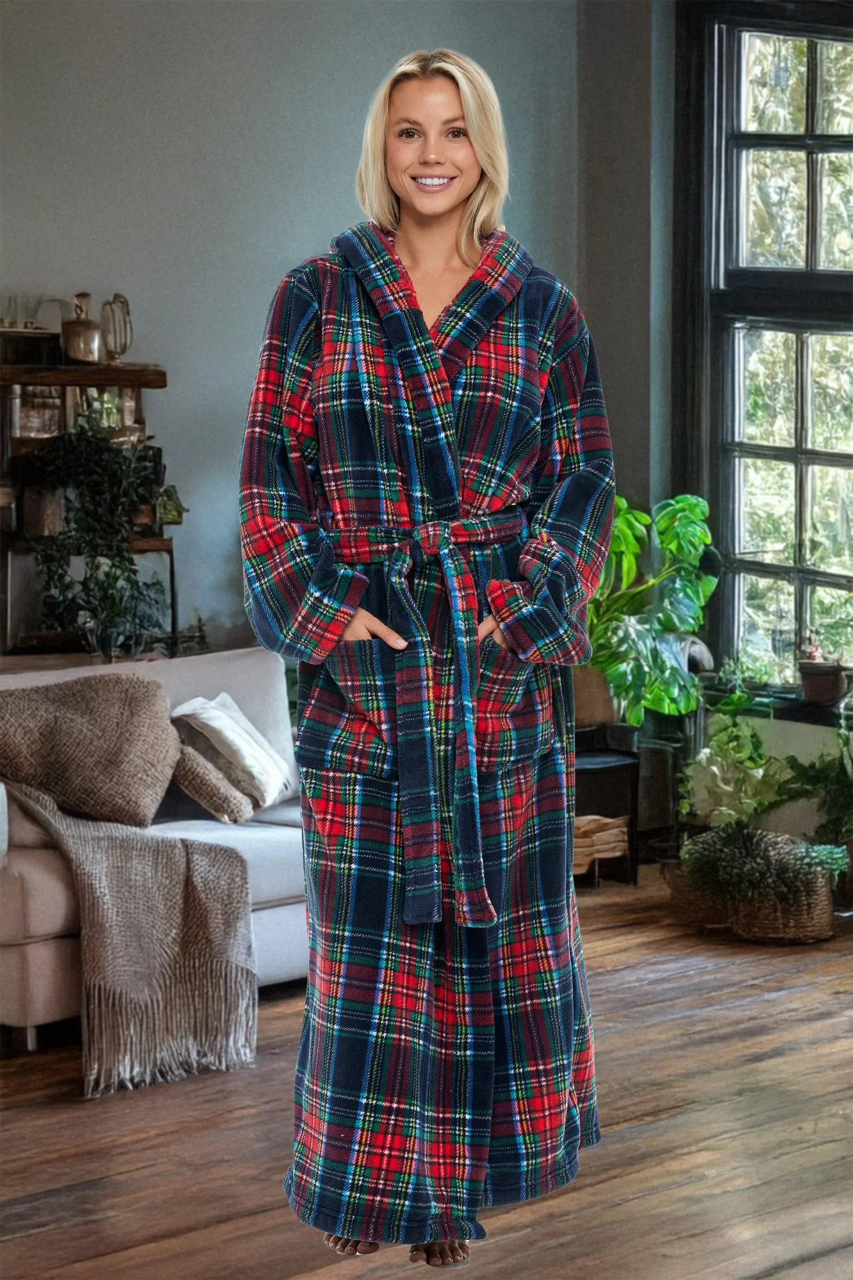 Women's Plush Fleece Hooded Bathrobe, Full Length Long Warm Lounge Robe with Hood
