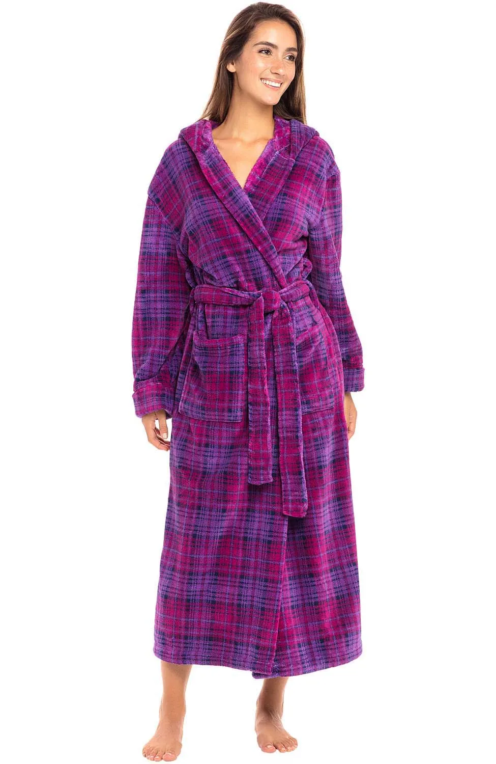 Women's Plush Fleece Hooded Bathrobe, Full Length Long Warm Lounge Robe with Hood