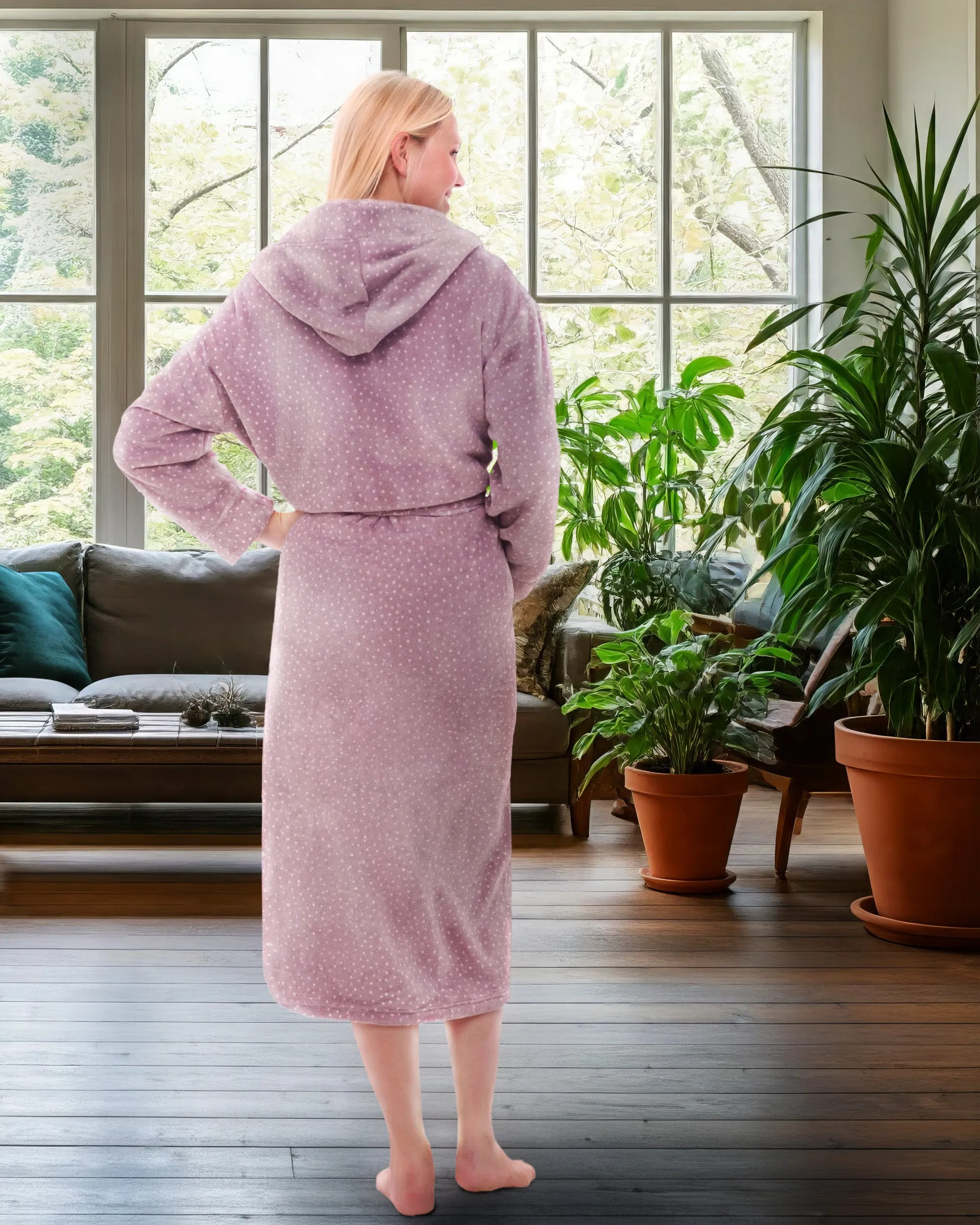 Women's Plush Fleece Hooded Bathrobe, Full Length Long Warm Lounge Robe with Hood