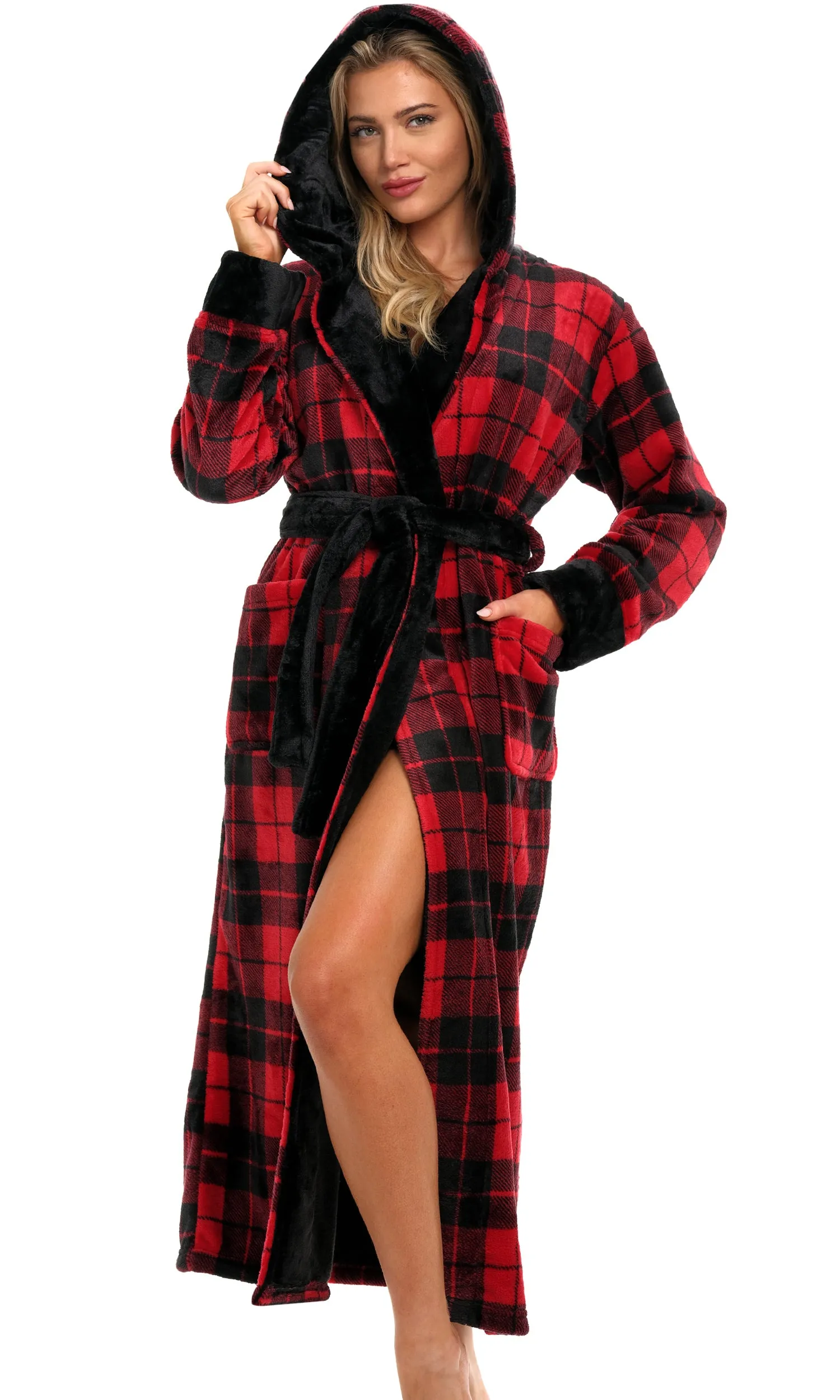 Women's Plush Fleece Hooded Bathrobe, Full Length Long Warm Lounge Robe with Hood
